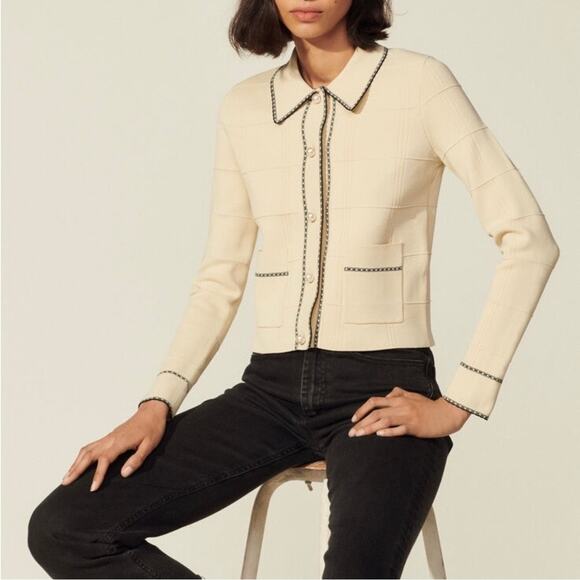 Sandro Lore Knit Cropped Button Front Cardigan Cream Size Small - Picture 9 of 10